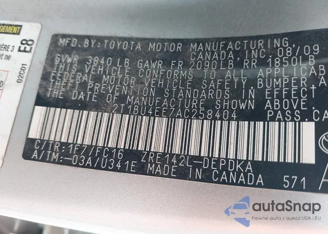 2010 Toyota Corolla Le z USA, uszkodzony, nr VIN 2T1BU4EE7AC258404